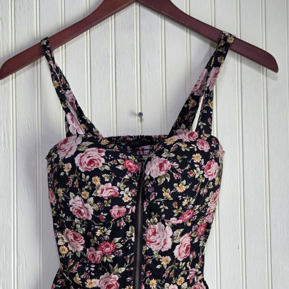 Poetry‎ Tank Top Womens M Black Sweetheart Floral Zip Front Camisole Top